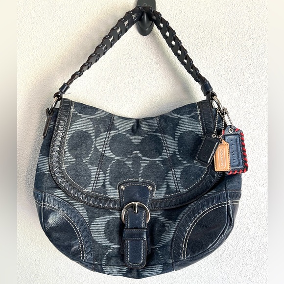 Coach Handbags - Rare Vtg Coach Poppy Denim Logo Hobo Bag Whipstitch Navy Blue No Long Strap Y2K